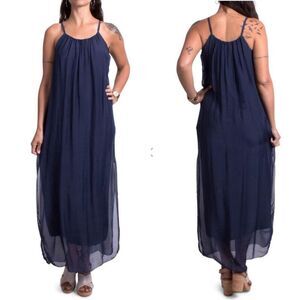 Gigi Moda Italy Venus Silk Maxi Dress Navy Blue M L $115 OSFM